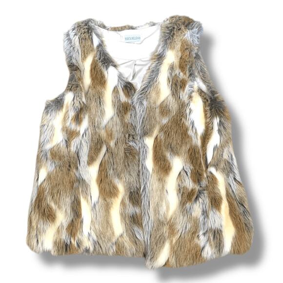 Marcia Mello Faux Fur Vest Brown Beige White Size 40 Open Front Boho Topper - Picture 2 of 12